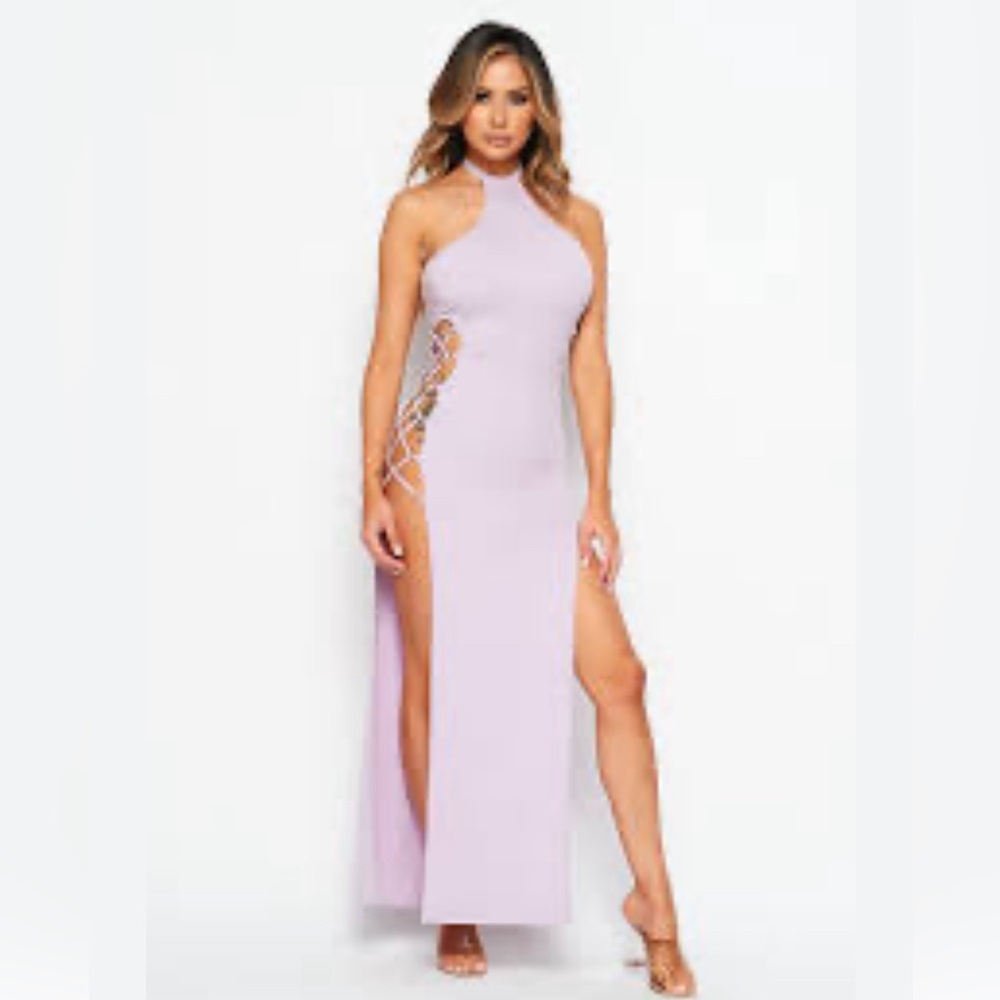 Hera Collection purple, high neck, body con maxi dress size medium